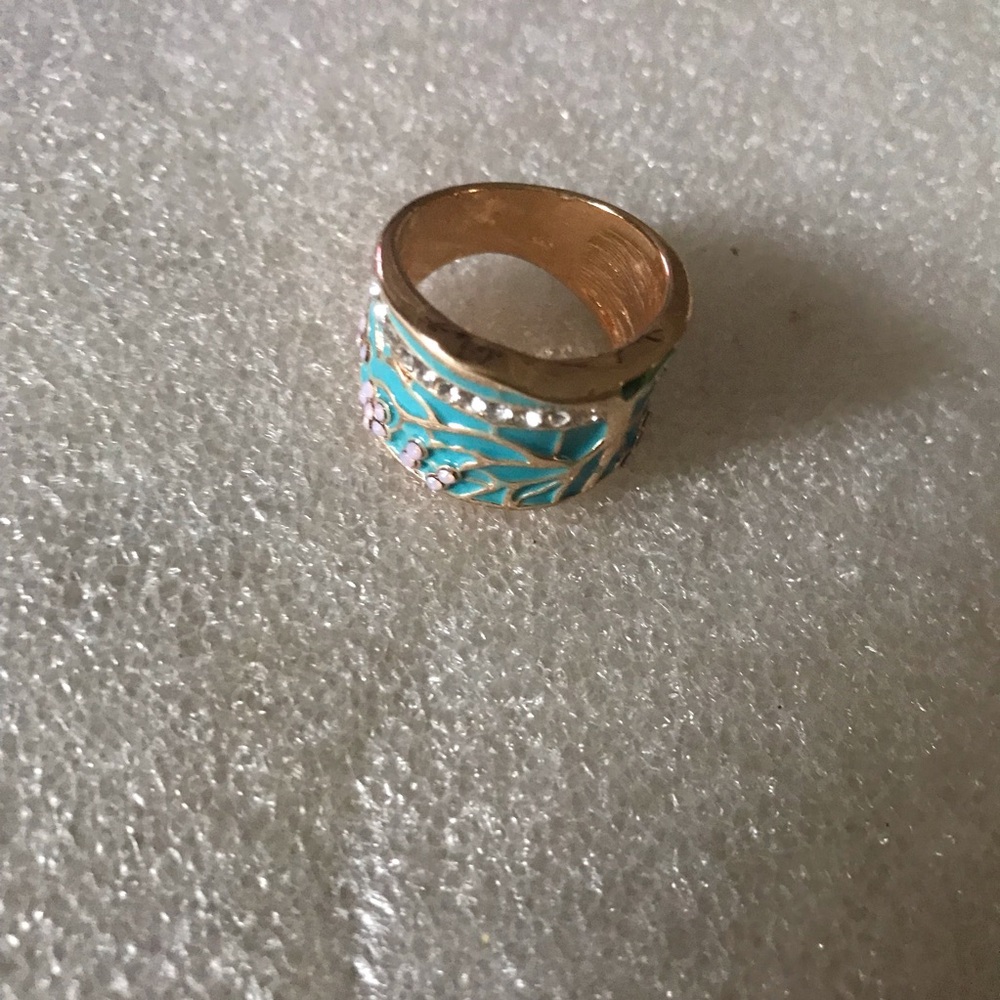 Gold-Tone Turquoise Enamel Floral Band Ring - Women's Jewelry